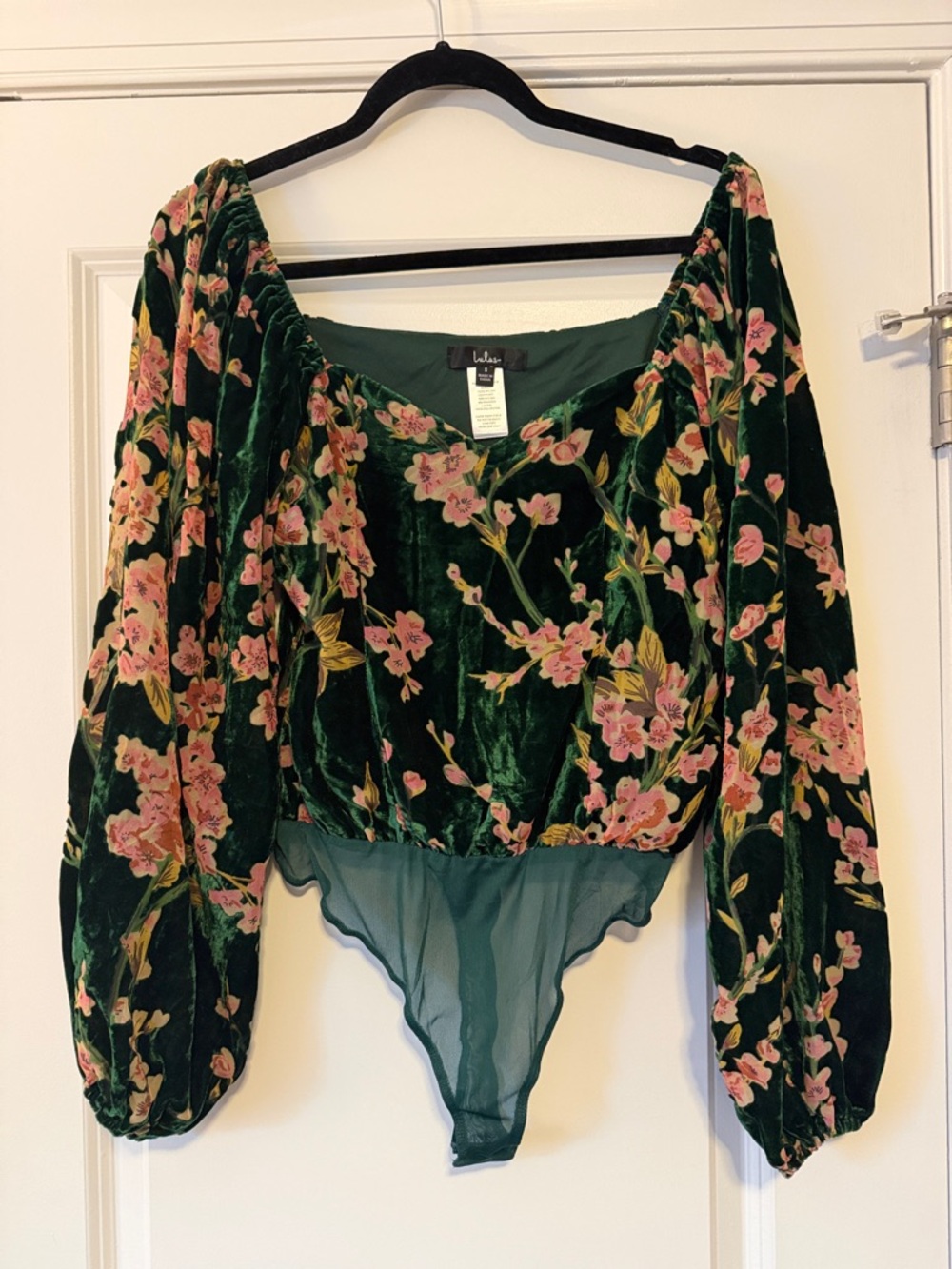 Lulus NWOT Velvet Floral Off-Shoulder Bodysuit - Green with Pink Blossoms